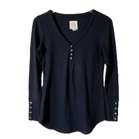 Chaser Tops - Chaser Black Long Sleeve Waffle Thermal Tunic Sweater Top Small